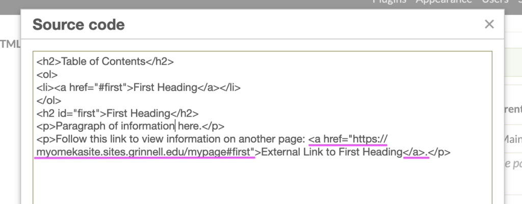 Screenshot of source code in Omeka edited to add anchor links, with external anchor link highlighted